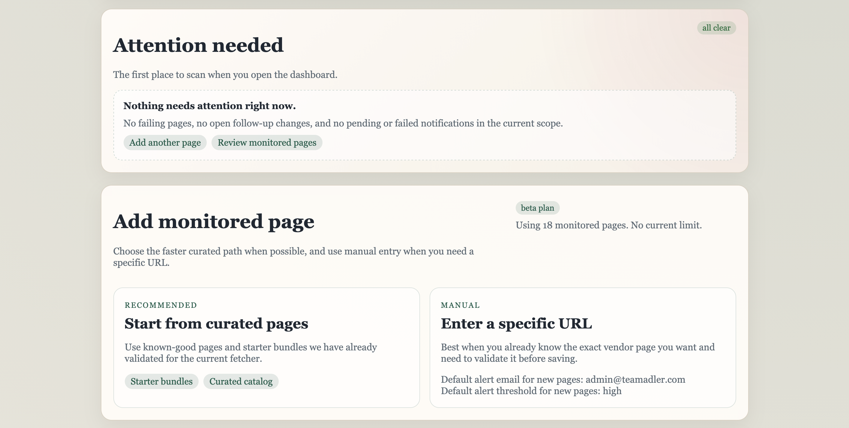 Vendor Change Watchdog attention-needed section and add monitored page flow.