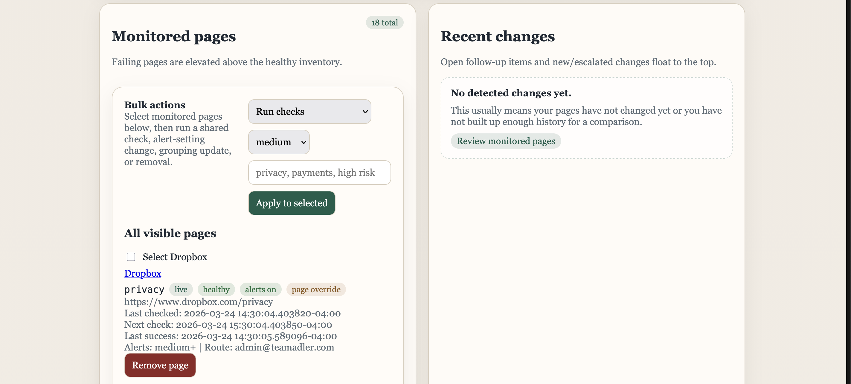 Vendor Change Watchdog monitored pages list with bulk actions and recent changes panel.